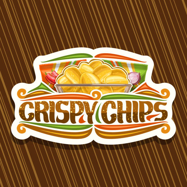 illustrations, cliparts, dessins animés et icônes de étiquette vectorielle pour crispy chips - croustillant