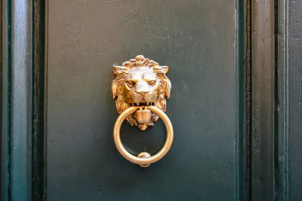 Detail of an old wooden door with a golden lion's head door knob, Tuscany, Italy