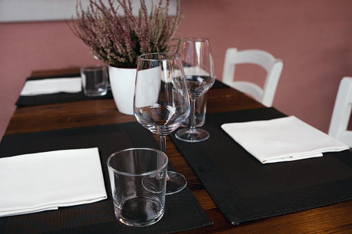 A table set with placemat, table cloth and glasses