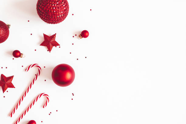 istock Christmas composition. Red decorations on white background. Christmas, winter, new year concept. Flat lay, top view, copy space 1187099792