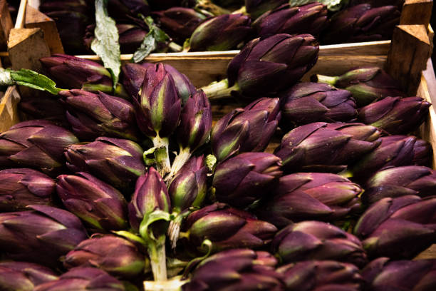 nourriture : une boîte d'artichauts - purple artichoke photos et images de collection
