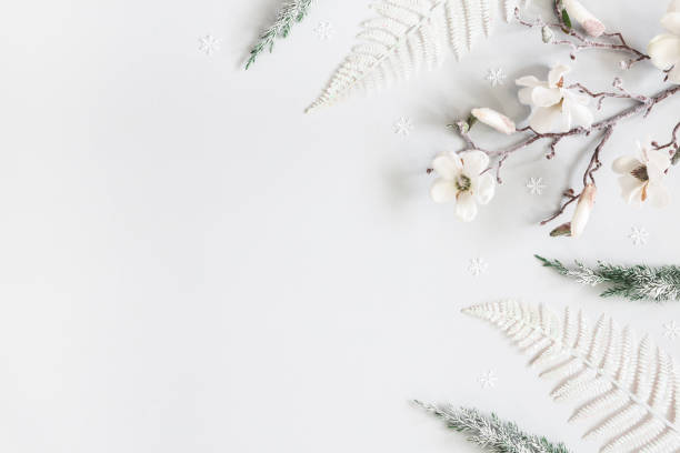 istock Christmas composition. White decorations on pastel gray background. Christmas, winter, new year concept. Flat lay, top view, copy space 1187101695