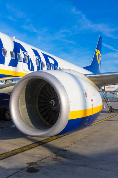 Ryanair Airplane Boeing 737-800 on the aiport Poznan, Poland -October 21, 2019: The Ryanair plane Boeing 737-800, few minutes before the departure, is parked in the airport of Ławica Airport in Poznań destined for London, England 737 stock pictures, royalty-free photos & images