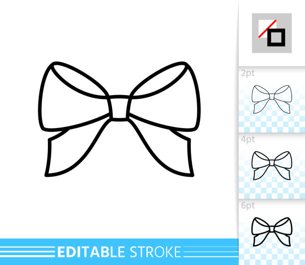 illustrazioni stock, clip art, cartoni animati e icone di tendenza di bow ribbon gift décor singola icona vettoriale linea sottile - hair bow