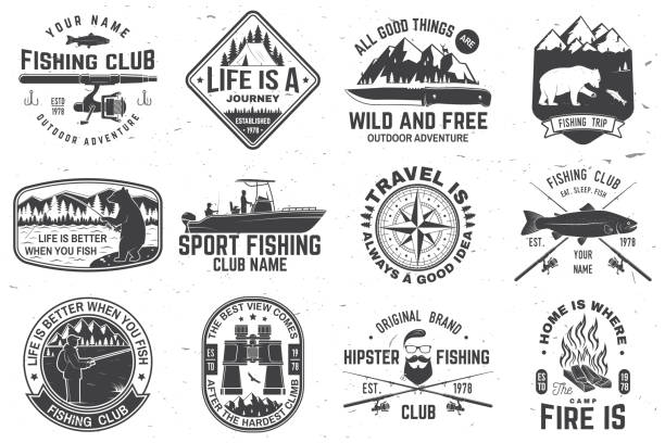 ilustrações de stock, clip art, desenhos animados e ícones de set of outdoor adventure patches with inspirational quotes, fishing club badges. vector. concept for shirt or print, stamp or tee. vintage design with rv trailer, camping tent, fish rod, bear. - sporting fisherman fishing recreational pursuit