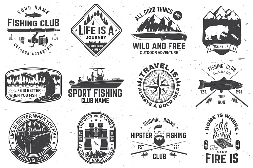Set of outdoor adventure patches with inspirational quotes and fishing club badges. Vector. Concept for shirt or print, stamp or tee. Vintage design with rv trailer, camping tent, fish rod, bear.