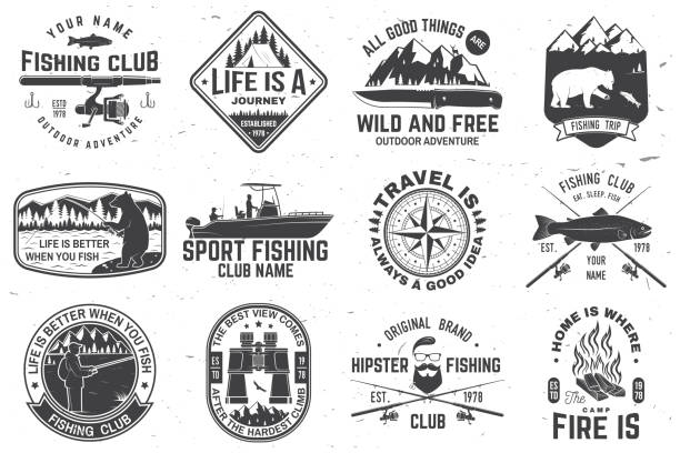 Set of outdoor adventure patches with inspirational quotes, fishing club badges. Vector. Concept for shirt or print, stamp or tee. Vintage design with rv trailer, camping tent, fish rod, bear. Set of outdoor adventure patches with inspirational quotes and fishing club badges. Vector. Concept for shirt or print, stamp or tee. Vintage design with rv trailer, camping tent, fish rod, bear. boat trailer stock illustrations