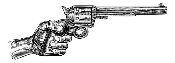 A hand holding western pistol gun revolver in a vintage retro intaglio woodcut engraved style