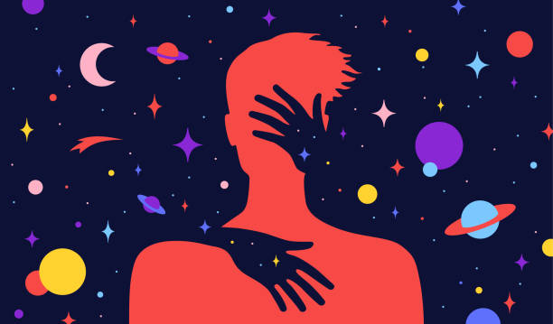 Modern flat character. Female hands hug a silhouette of man Modern flat character. Female hands hug a silhouette of man with dream universe background. Simple character of young man with universe starry night. Concept in flat color graphic. Vector illustration kissing illustrations stock illustrations