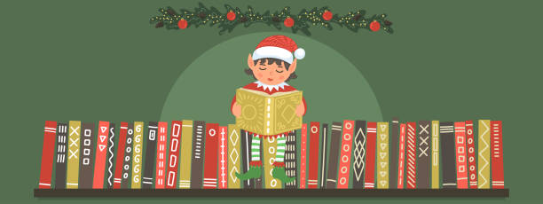 Cute Christmas elf reading book on bookshelf Cute Christmas elf reading book on bookshelf. Christmas, New Year greeting vector illustration for educational projects. elf sitting stock illustrations