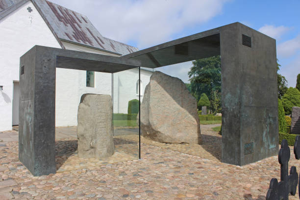 Jelling Rune Stones in Glass Case, Denmark stock photo