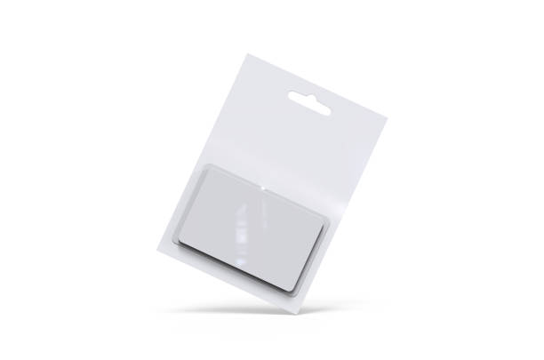 istock Plastic gift card in paper blister pack mock up template on isolated white background, 3d illustration 1187108702