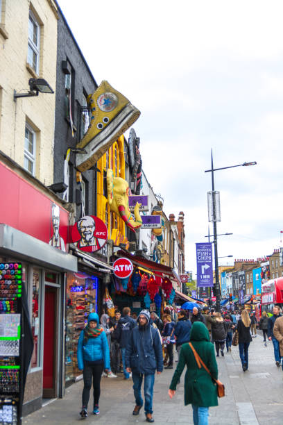 Camden Town Street with many pedestrians and shops