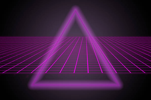 istock 80s style sci-fi, black background behind purple triangle in the middle of an illustration. futuristic poster template. Synthwave banner 1187111899