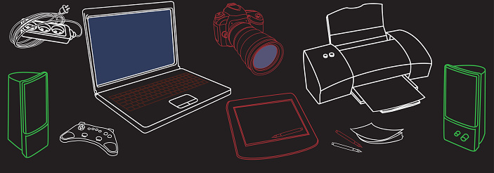 Black background with sketches of computer hardware, accessories and peripherals
