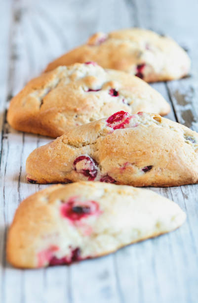 Traditional fresh baked English cranberry or cherry tea scones over rustic background. Extreme blurred background and foreground with selective focus on center bread.