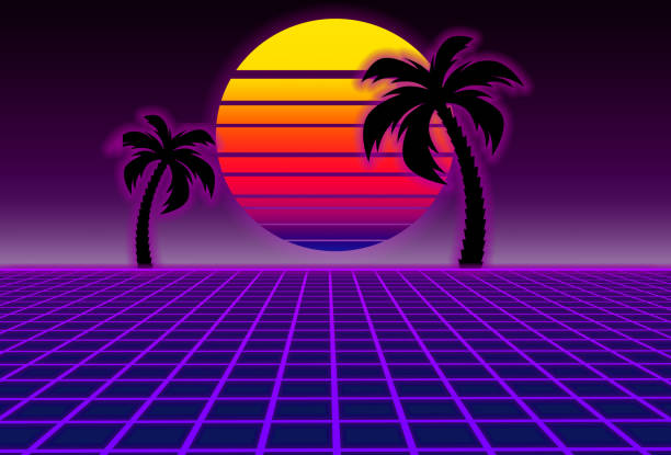 istock 80s style sci-fi, purple background with sunset and palms. futuristic illustration or poster template. Synthwave banner 1187112959