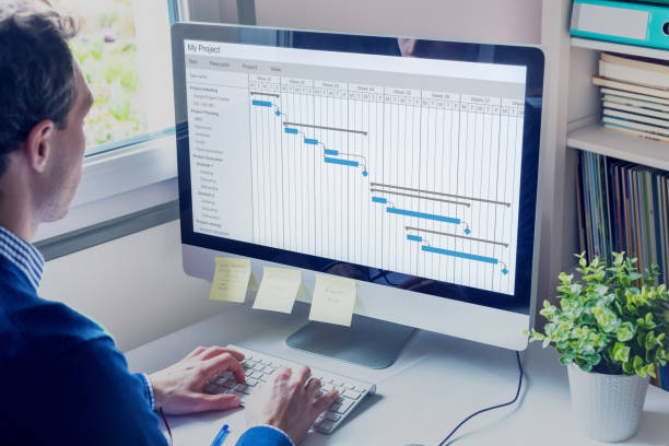 project manager working on gantt chart schedule to create planning with tasks and milestones to plan activities, person working with management tools on computer in office - planning paperwork plan organization imagens e fotografias de stock