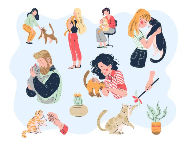 Vector illustration of Cat lovers bundle. Casual people men and women with their lovely kitty pets friends: embracing, playing, taking care, tenderness.