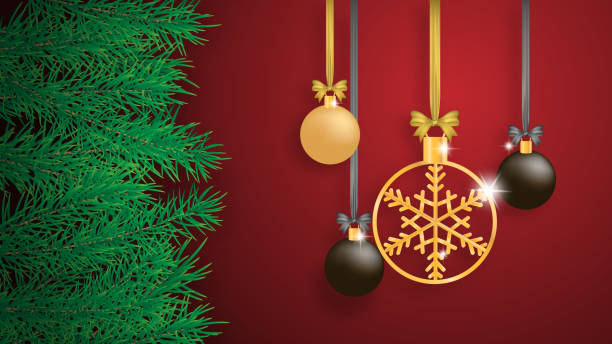 ilustrações de stock, clip art, desenhos animados e ícones de christmas celebration background with pine leaves and hanging decoration on red background. - printers ornament