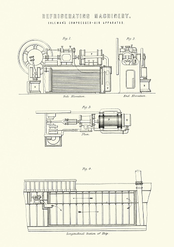 Vintage engraving of Victorian refrigerating machinery, Coleman's compressed air apparatus, 19th Century