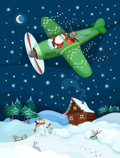 Santa and zhe deer in the night sky vector art illustration