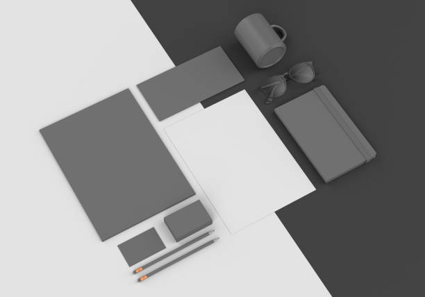 istock Base gray stationery mockup template for branding identity on black and white  background for graphic designers presentations and portfolios. 3D rendering. 1187123629