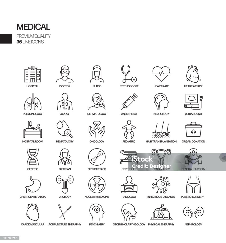 Conjunto simple de iconos de línea vectorial relacionados con la salud y médica. Colección de símbolos de esquema. - arte vectorial de Ícono libre de derechos