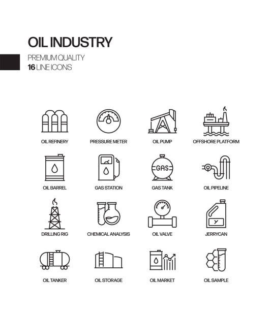 오일 산업 관련 벡터 라인 아이콘의 간단한 집합입니다. 윤곽선 기호 컬렉션입니다. - oil industry oil rig mining oil stock illustrations