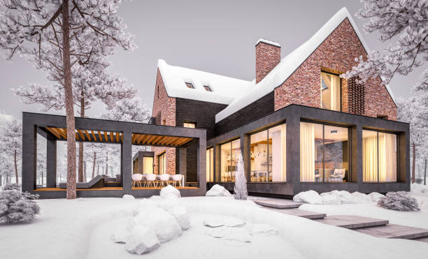 istock 3d rendering of modern clinker house on the ponds with pool in evening night 1187128617