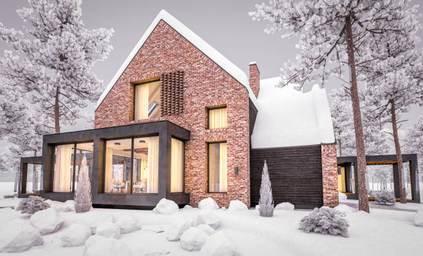 istock 3d rendering of modern clinker house on the ponds with pool in evening night 1187128623