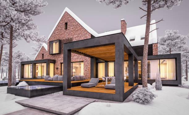 istock 3d rendering of modern clinker house on the ponds with pool in evening night 1187128625