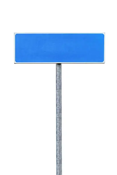 New blank blue road sign with an empty place for destination name isolated on white background, vertical photo