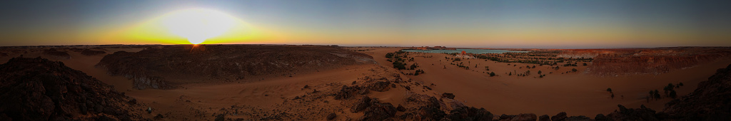 360 degrees Aerial sunrise Panoramic view to Yoa lake group of Ounianga kebir lakes , Ennedi, Chad