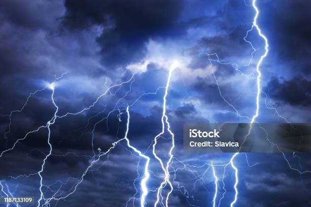 Lightnings During Summer Storm Stock Photo - Download Image Now - Lightning, Thunderstorm, Flash