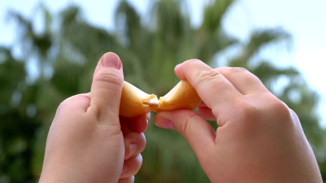 Opening chinese fortune cookie with a card inside in 4k slow motion 60fps