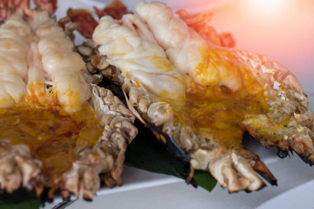 istock Closeup Grilled Shrimp River Burned on white plates. 1187135370