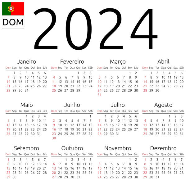 Calendar 2024, Portuguese, Sunday Simple annual 2024 year wall calendar. Portuguese language. Week starts on Sunday, Brazil. Sunday highlighted. No holidays highlighted. EPS 8 vector illustration, no transparency, no gradients 2024 stock illustrations