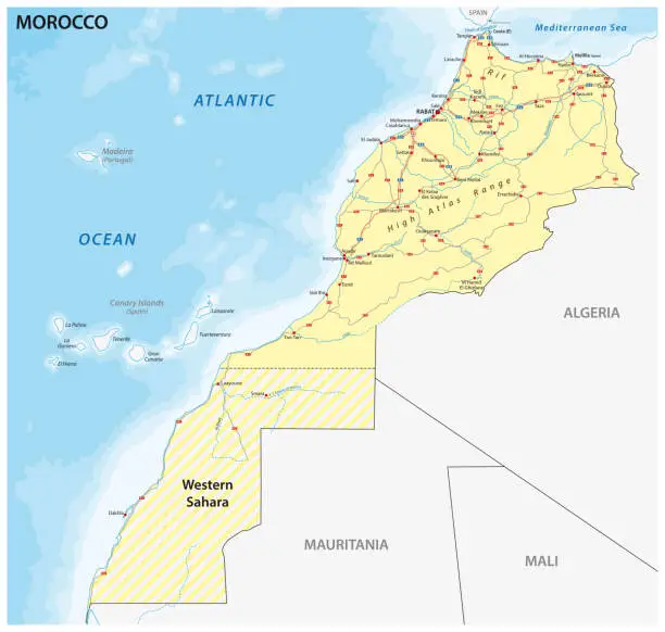 Vector illustration of Road map of the Kingdom of Morocco