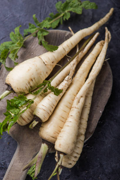 istock Bundle of fresh organic parsnip  over gray texture background. 1187138336