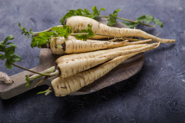 istock Bundle of fresh organic parsnip  over gray texture background. 1187138338