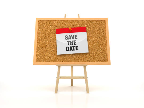 istock Easel with SAVE THE DATE Calendar on Corkboard Frame - 3D Rendering 1187140290