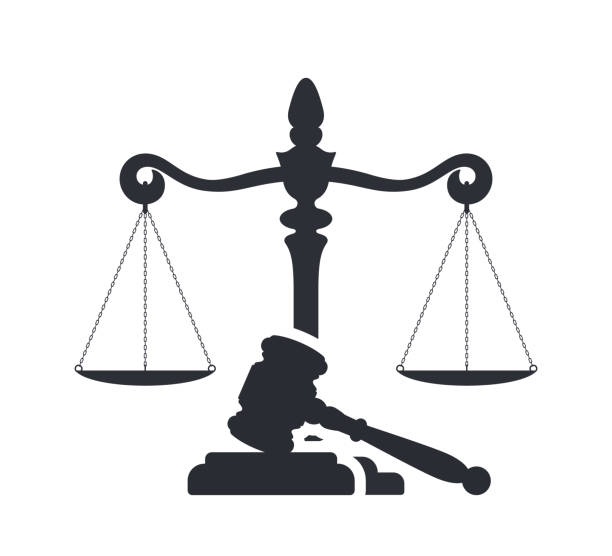 ilustrações de stock, clip art, desenhos animados e ícones de law and justice concept. gavel of the judge and scales of justice. vector silhouette. libra and gavel. legal center or law advocate symbol. - scales of justice illustrations