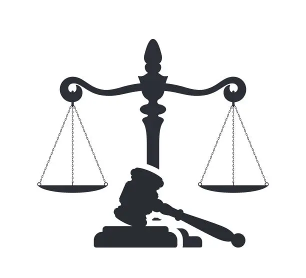 Vector illustration of Law and justice concept. Gavel of the judge and scales of justice. Vector silhouette. Libra and gavel. Legal center or law advocate symbol.