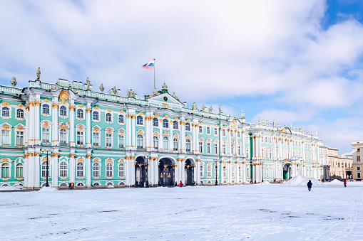 St. Petersburg, Russia - March 21, 2018: Winter Palace building Hermitage Museum on Palace Square at frosty snow winter day in St. Petersburg, Russia