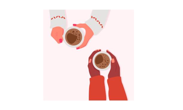 ilustrações de stock, clip art, desenhos animados e ícones de hands with coffee cups vector illustration - coffee top view