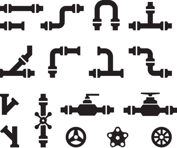 Pipe icons. Metal industry water pipelines valve constructions connectors steel vector pipes silhouettes Pipe icons. Metal industry water pipelines valve constructions connectors steel vector pipes silhouettes. Part of pipe tube, pipeline for water illustration flange stock illustrations