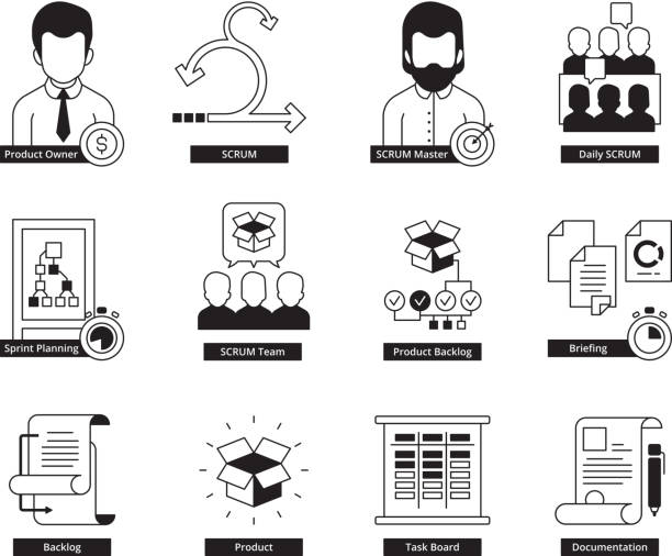 Scrum icon. Agility development methodology business processes iterative daily work master time management vector icon Scrum icon. Agility development methodology business processes iterative daily work master time management vector icon. Agile scrum project management, software plan, agility process illustration agile workflow stock illustrations