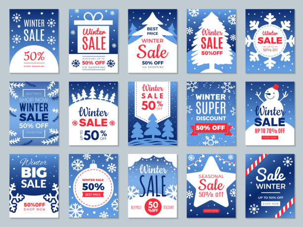 Winter promo cards. Season offers advertising banners labels for best price promotional vector template Winter promo cards. Season offers advertising banners labels for best price promotional vector template. Illustration advertising discount, offer price promotion snowflake holiday greeting card blue stock illustrations