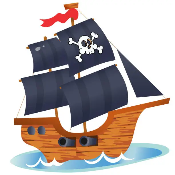 Vector illustration of Color image of cartoon pirate ship on a white background. Sailboat with black sails with skull in sea drawing. Isolated element for pirate party for kids. Vector illustration.